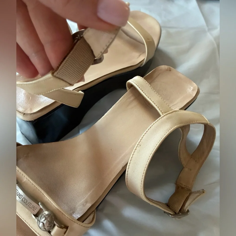 Vintage Gianni Versace Black & Cream Chunky Platform Wedge Sandals 90s Y2K